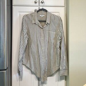 Madewell Gray & White Stripe High/Low Button Up Top